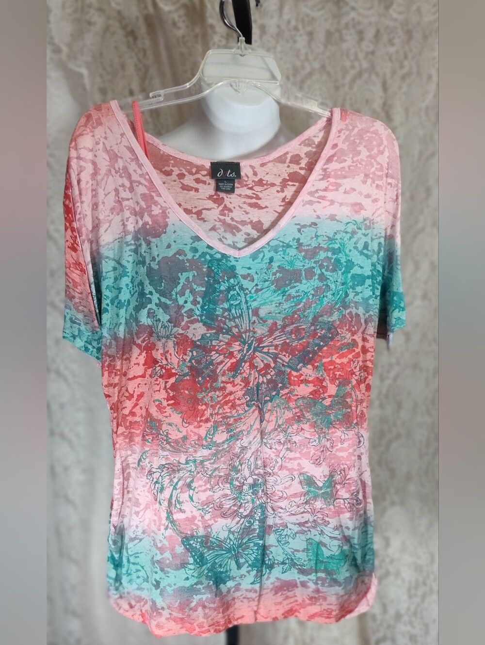 Dots Pink and Teal Floral Burnout V-Neck Short Sleeve Tee